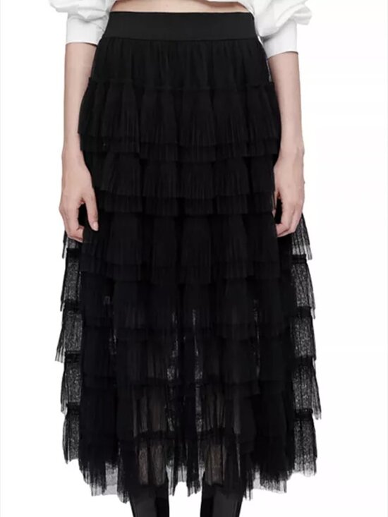 Maje Dresses & Skirts - Maje Josepha Tiered Tulle Semi-Sheer Midi Skirt Size 36 Small Black Layered